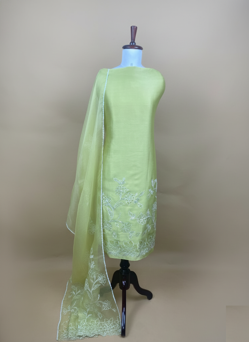 Lemon Yellow Mulmul Chanderi Applique Floral Embroidery Suit