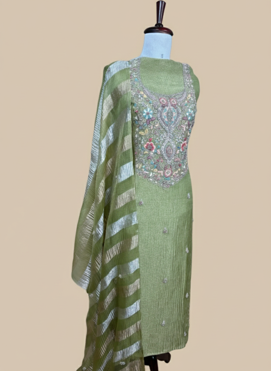 Pure Crinkled Tissue with Zardozi Frenchknot Pearl and Dori Embroidery Suit