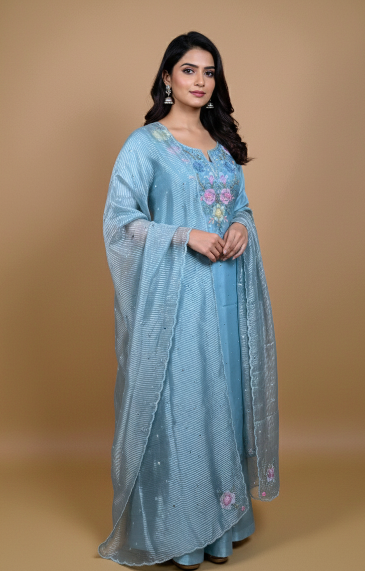 Light Blue Pure Organza with Shadow embroidery Mirror Highlights Suit
