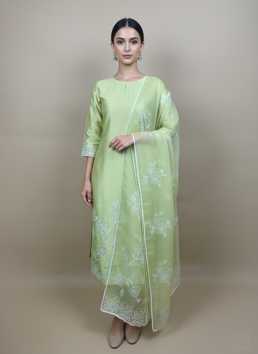 Lemon Yellow Mulmul Chanderi Applique Floral Embroidery Suit