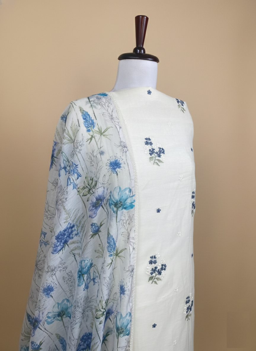 Off White Mulmul Chanderi Thread Embroidery Suit with Floral Dupatta
