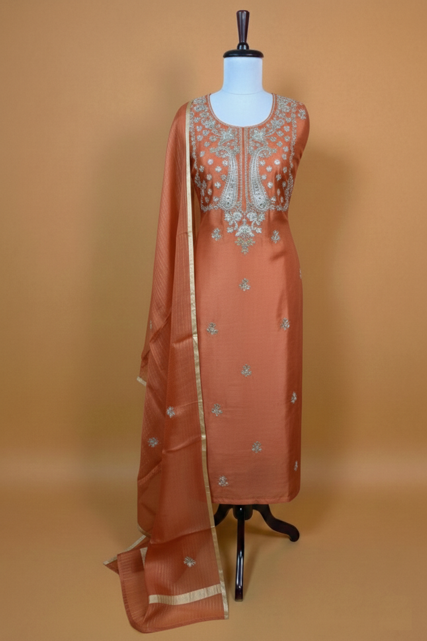 Mango Yellow Pure Tissue with Gotta Patti Embroidery Suit