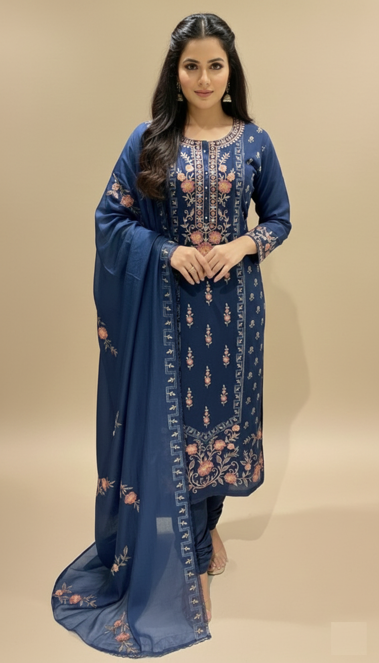 Mulmul chanderi Zari and Thread Embroidery Suit with Dupatta