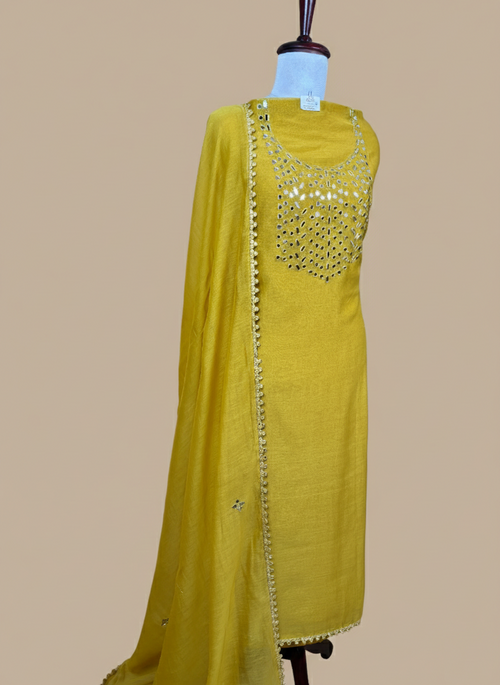 Pure Mulmul Chanderi Mirror and Thread Embroidery Suit Set