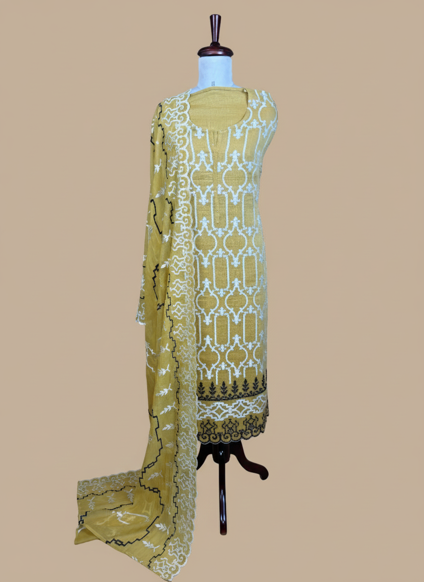 Yellow Mulmul chanderi Applique Embroidery Suit with Dupatta