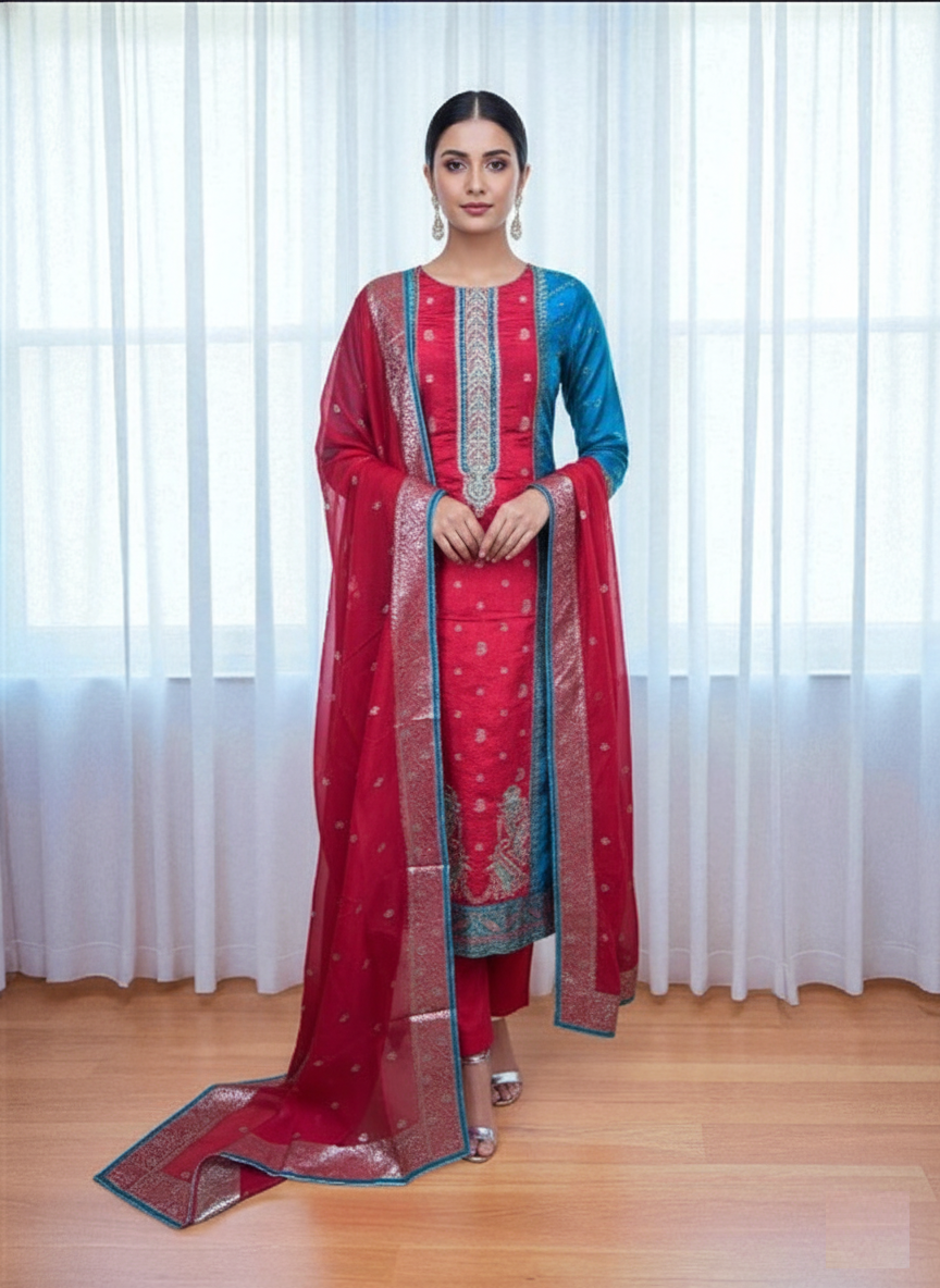 Multicolor Soft Banarsi with Tilla Embroidery with Soft Organza Dupatta