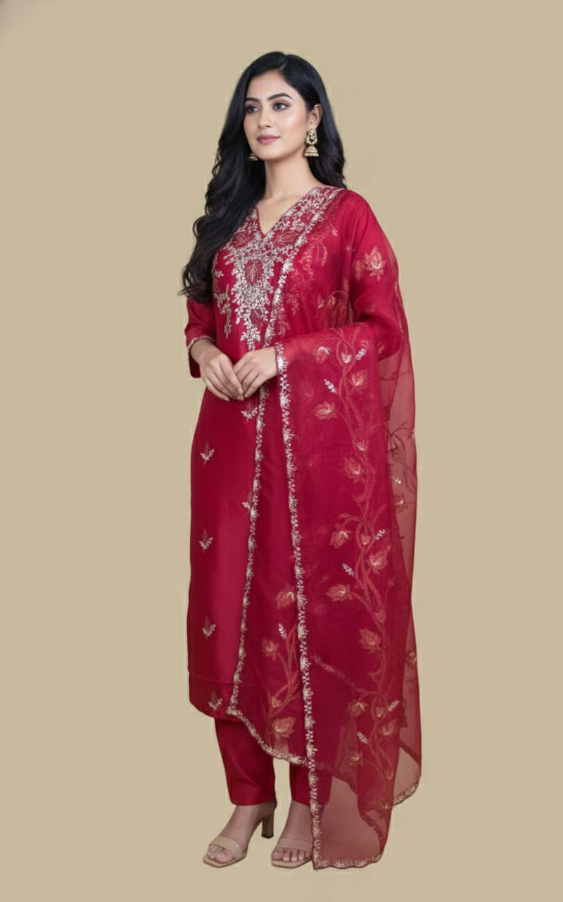 Pure Organza with Pitta Applique leaves Embroidery Suit
