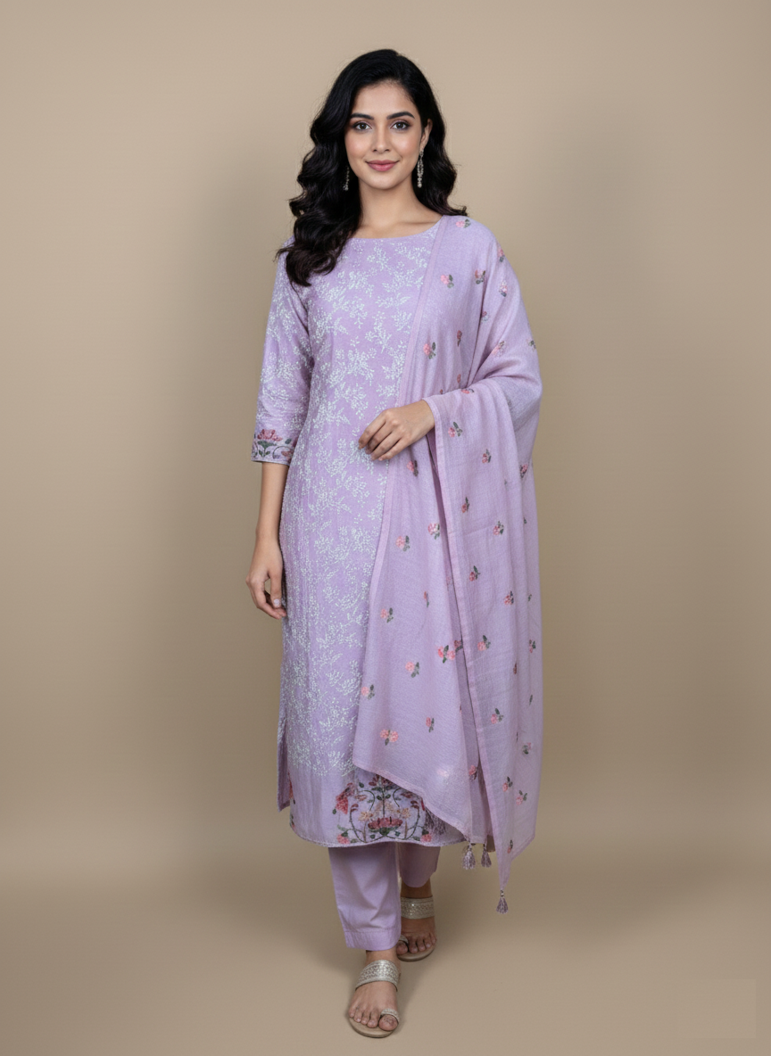Wine Mulmul Chanderi with Thread Embroidery Suit