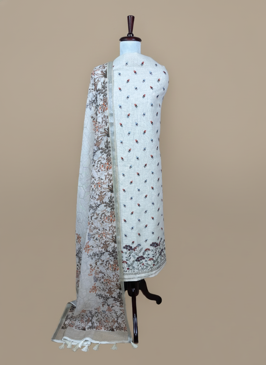 Cream Linen with  Embroidery and Floral Printed Dupatta