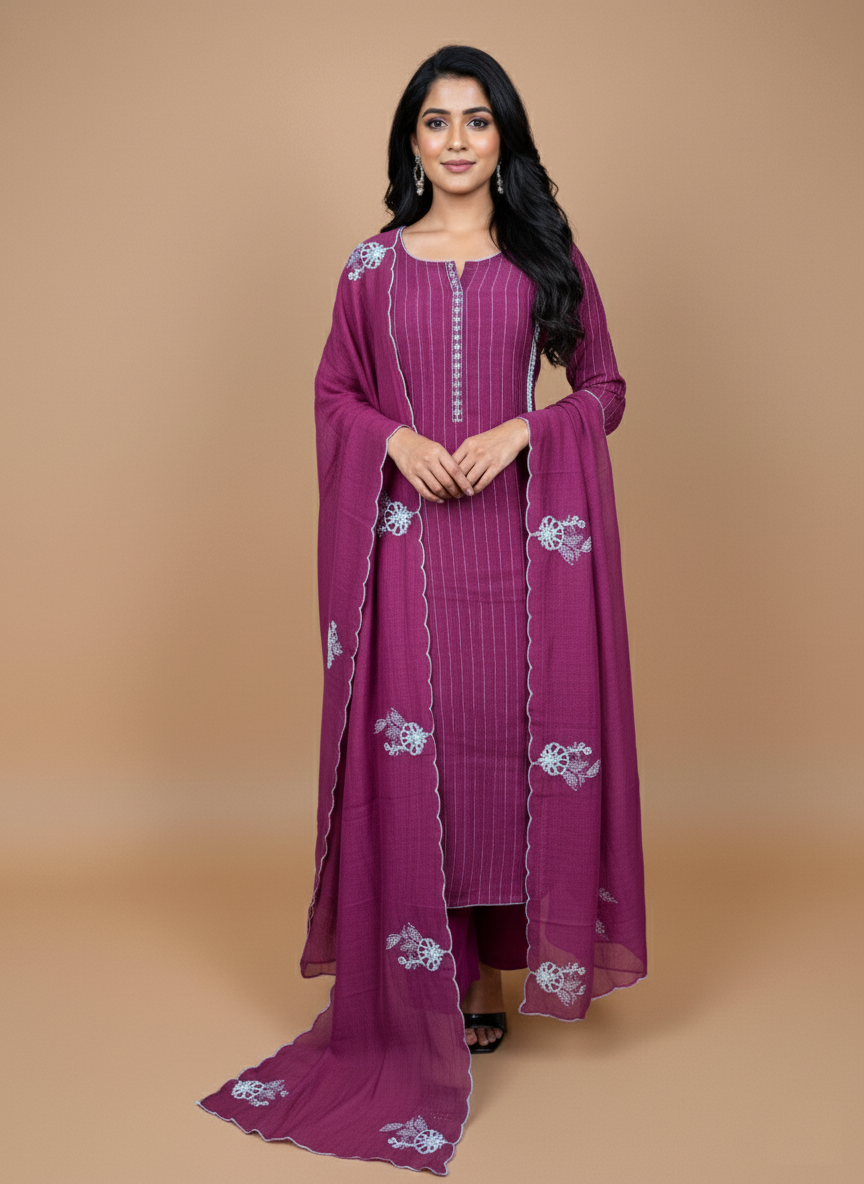 Berry Pink Mulmul Chanderi Thread Embroidery Suit