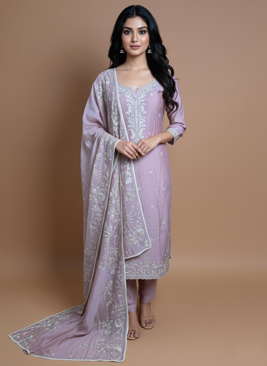 Pastel Pink Mulmul Chanderi Thread Embroidery Suit