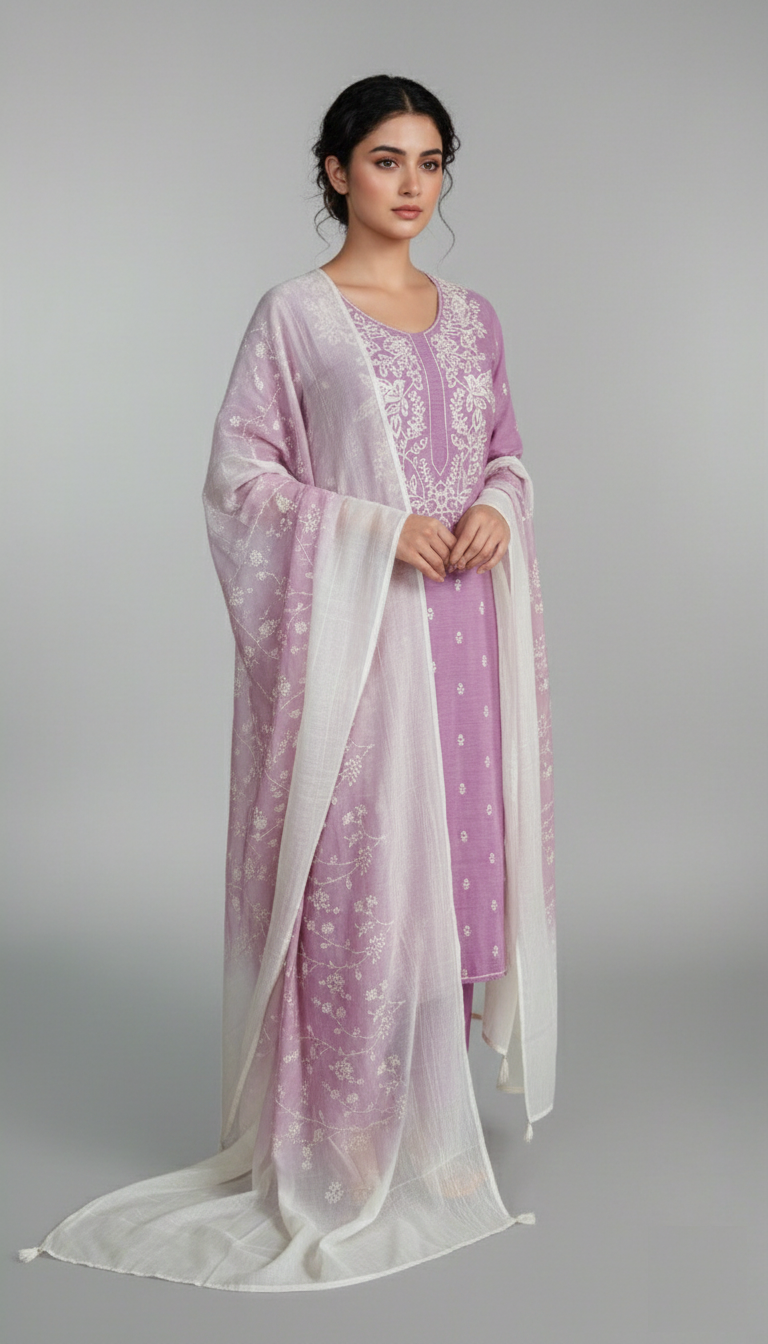 Pure Mulmul Chanderi Ombre Shade with White Crosstitch Embroidery