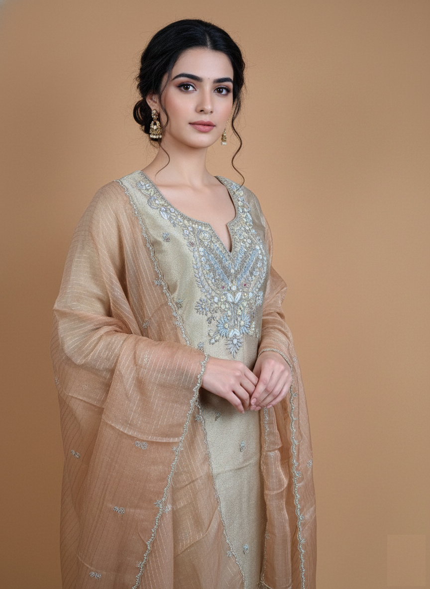 Pure Jacquard Tissue with Zardozi Frenchknot Embroidery Suit