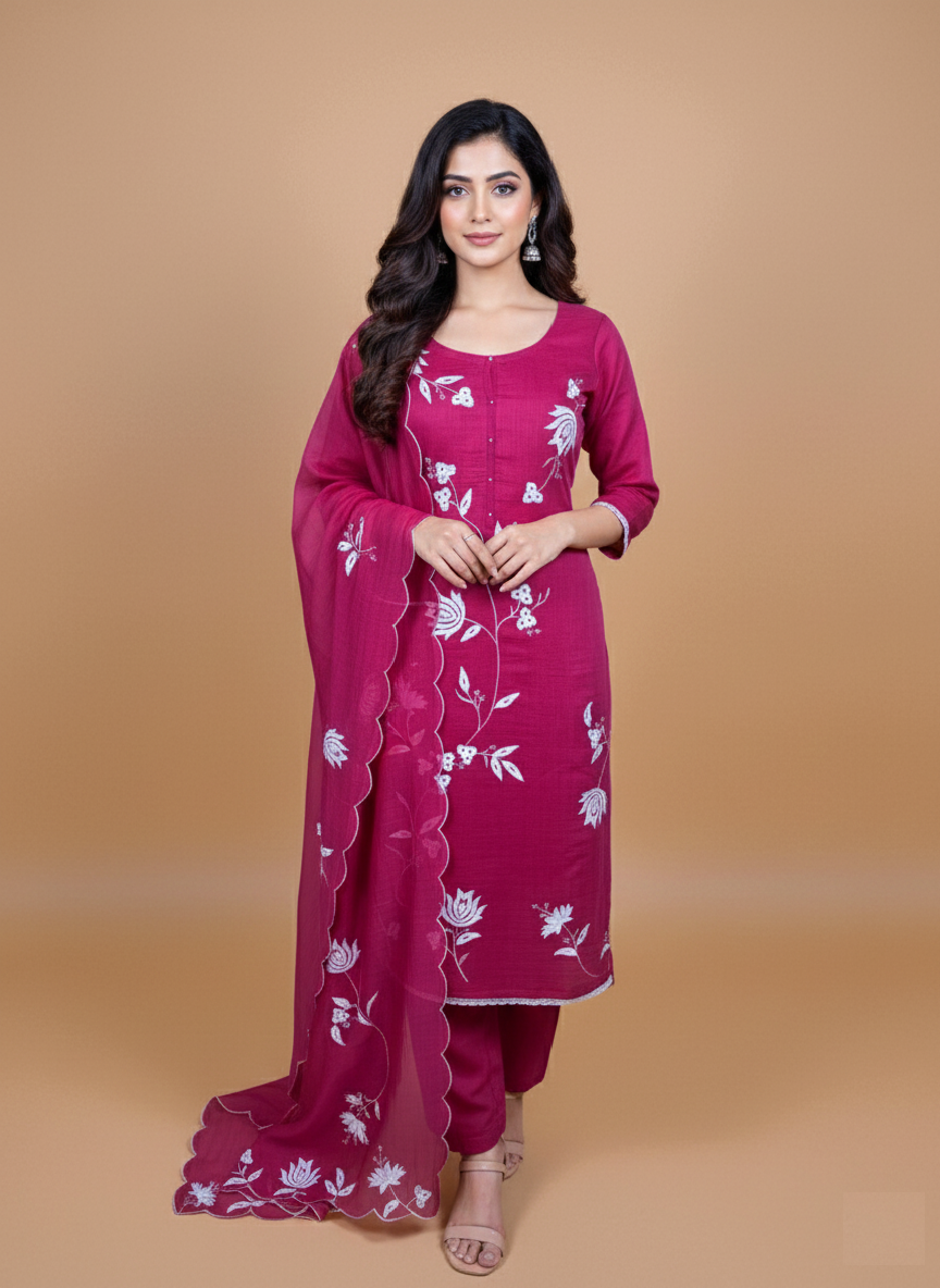 Mulmul Chanderi Suit with Appliqué Floral Embroidery Suit