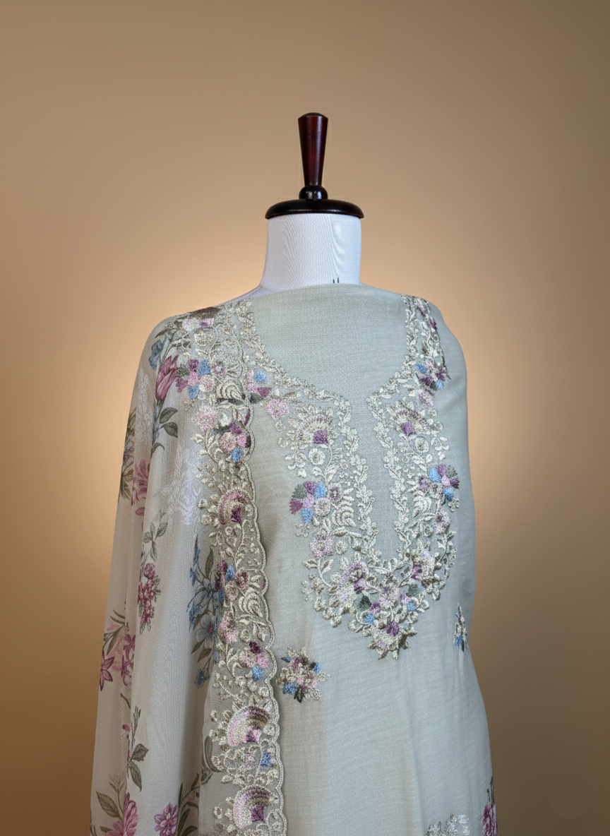 Mulmul Chanderi Embroidery Suit with Printed floral Organza Dupatta
