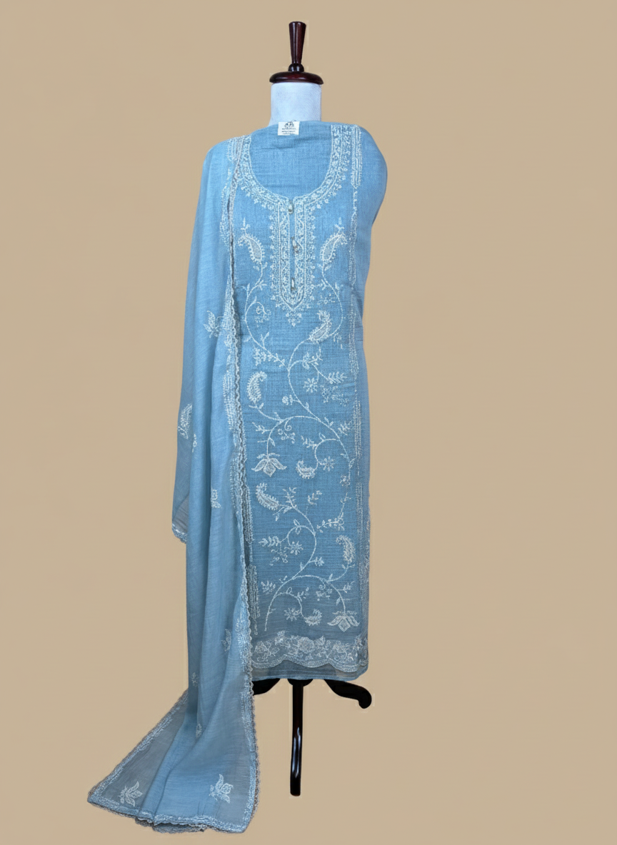 Pure Mulmul Chanderi with Applique Thread Embroidery with Laces