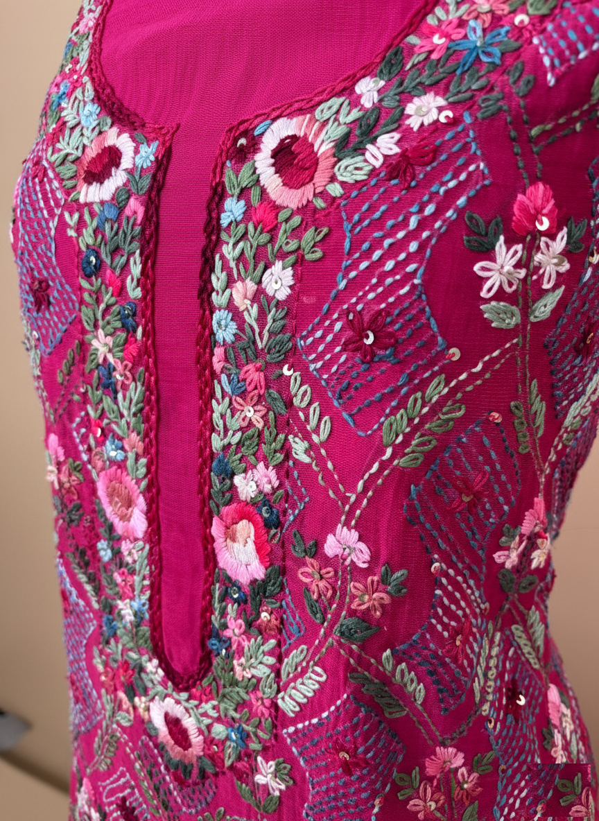 Pure Mulmul Chanderi Multicolor Kantha Hand Embroidery Suit