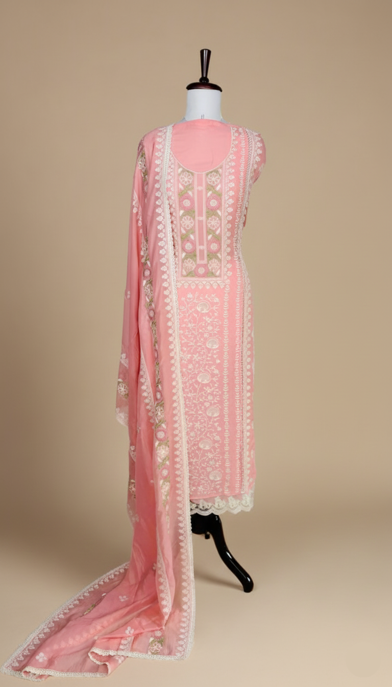 Peach Mulmul Luckhnavi thread embroidery with beads