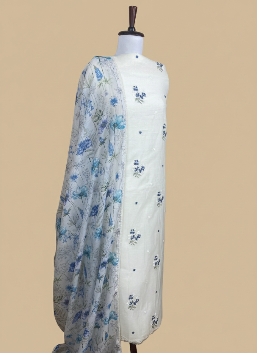 Off White Mulmul Chanderi Thread Embroidery Suit with Floral Dupatta