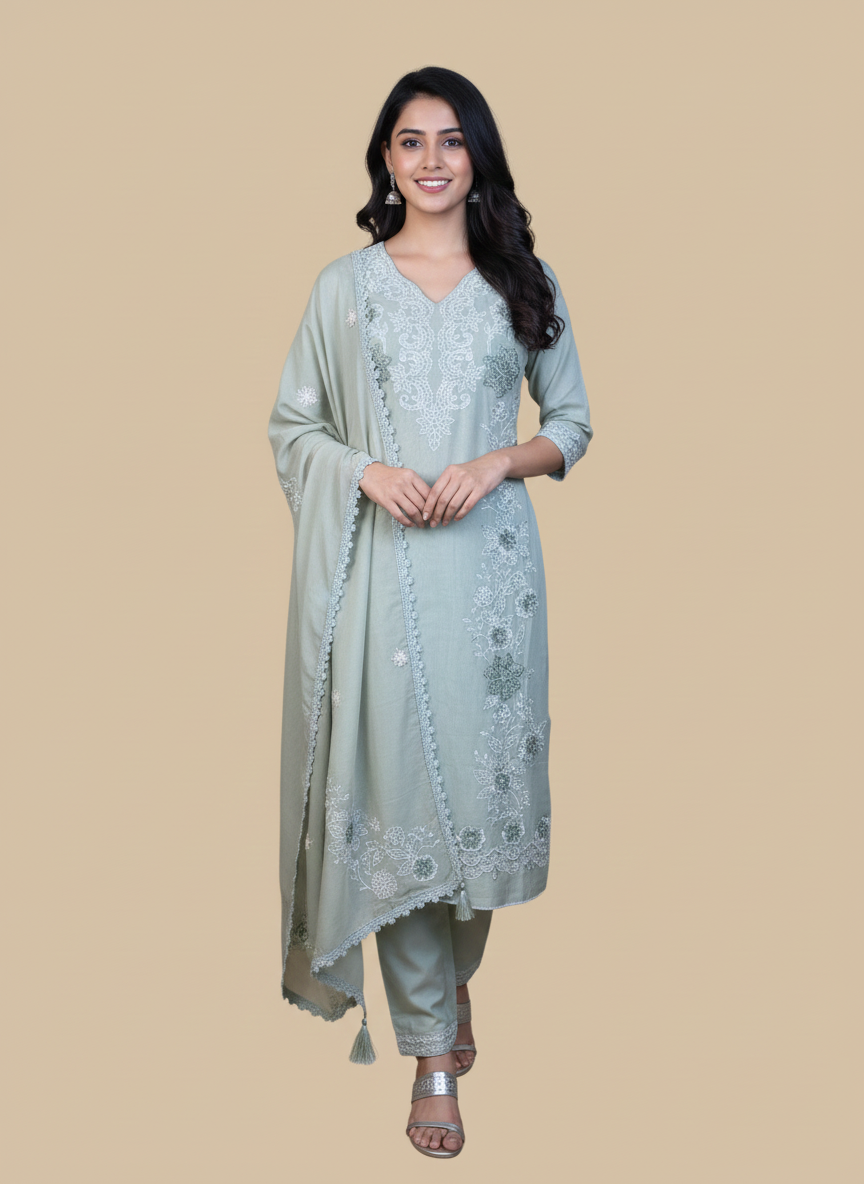 Mulmul Chanderi Thread  Embroidery with Pearl Work Suit