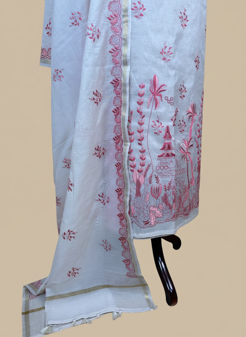 Cream Mulmul Chanderi with Thread Embroidery Suit
