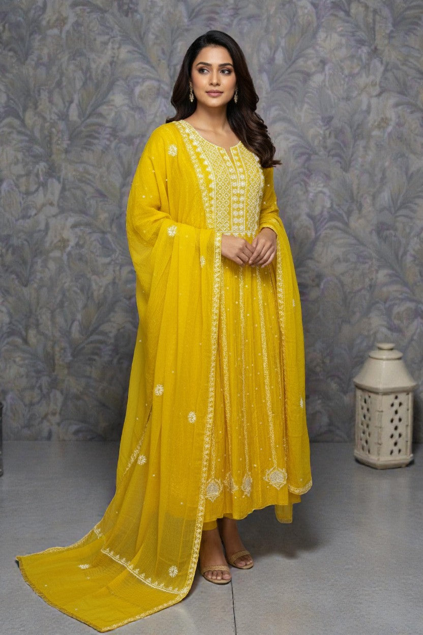 Yellow Pure Mulmul Luckhnavi Ombre Anarkali Unstitched Suit with Pearl Embroidery - Festive wear