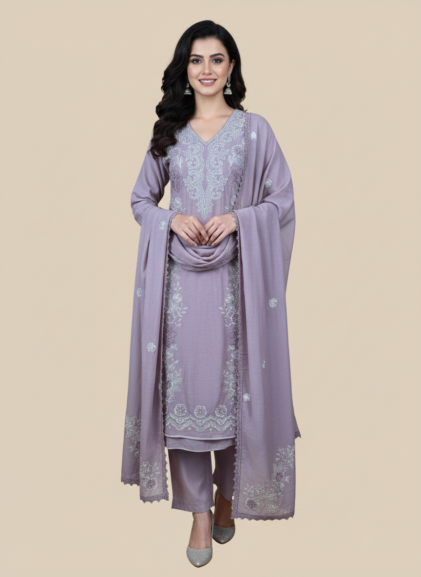 Mulmul Chanderi Thread  Embroidery with Pearl Work Suit