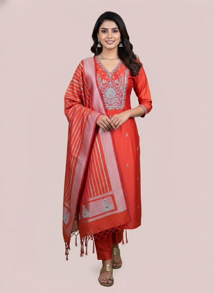 Deep Orange Pure Chanderi Gotta Patti Suit with Pure Banarasi Dupatta