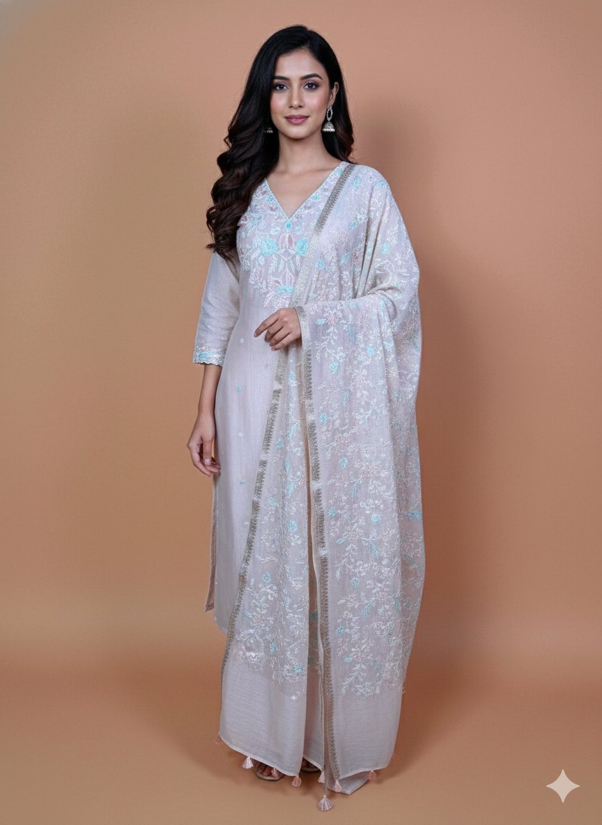 Mulmul Chanderi Thread embroidery Suit Set