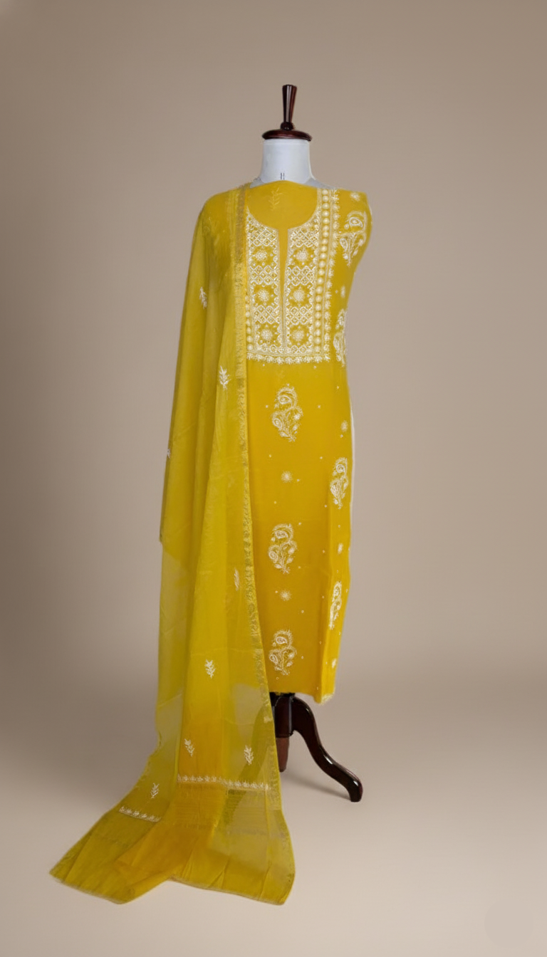 Yellow Pure Mulmul Luckhnavi Unstitched Suit with Pearl Embroidery