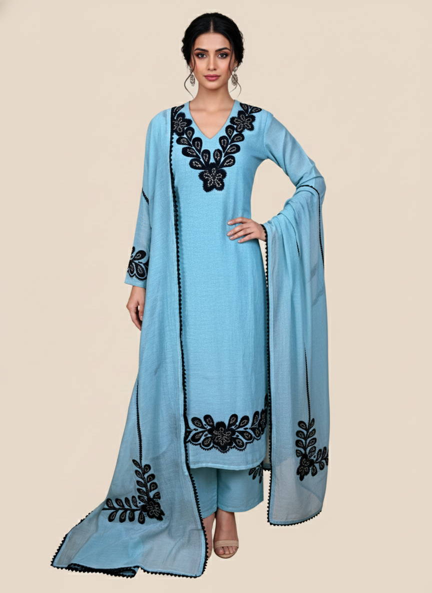Pure Mulmul Chanderi Applique Embroidery Suit