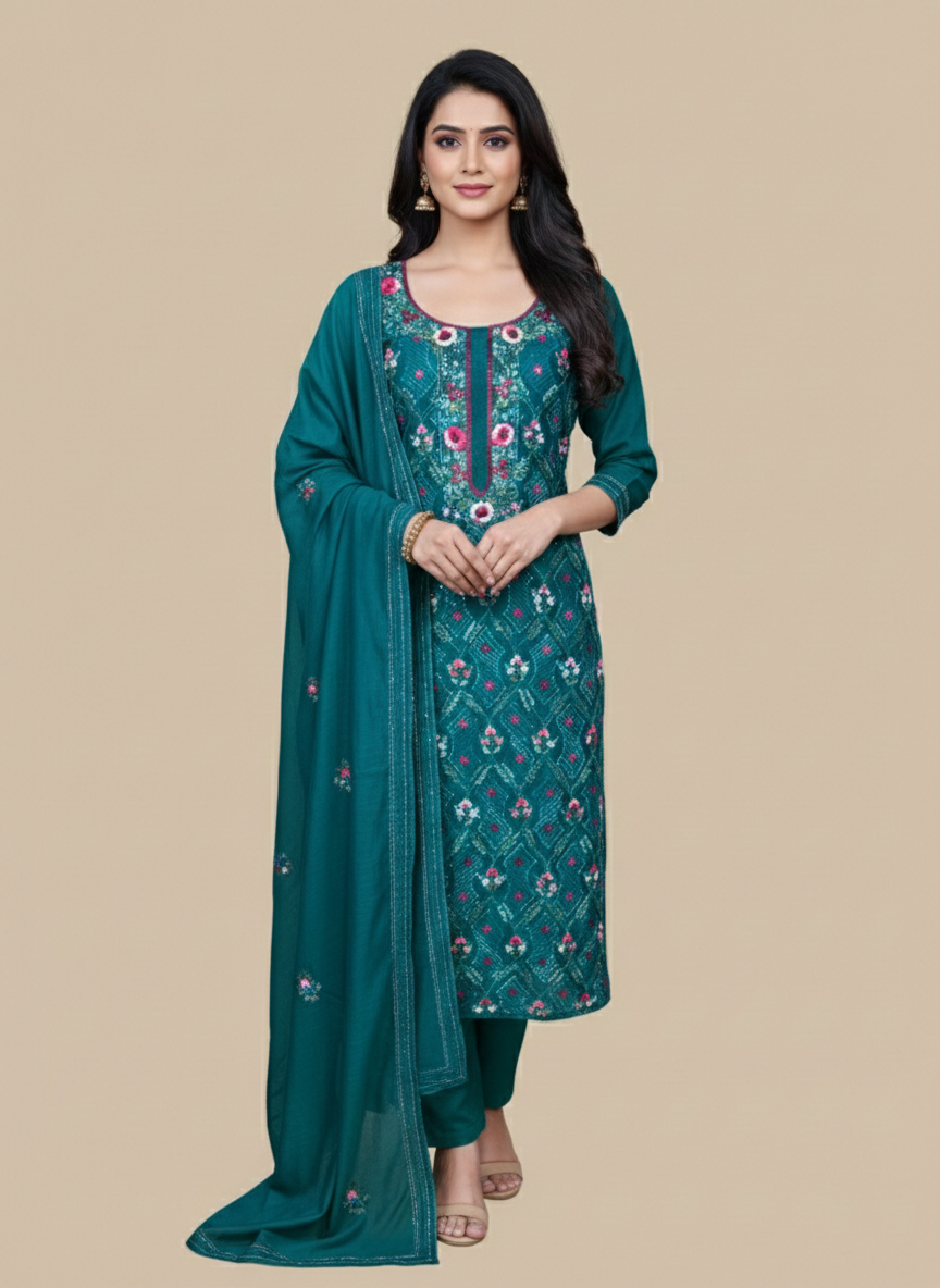 Pure Mulmul Chanderi Multicolor Kantha Hand Embroidery Suit