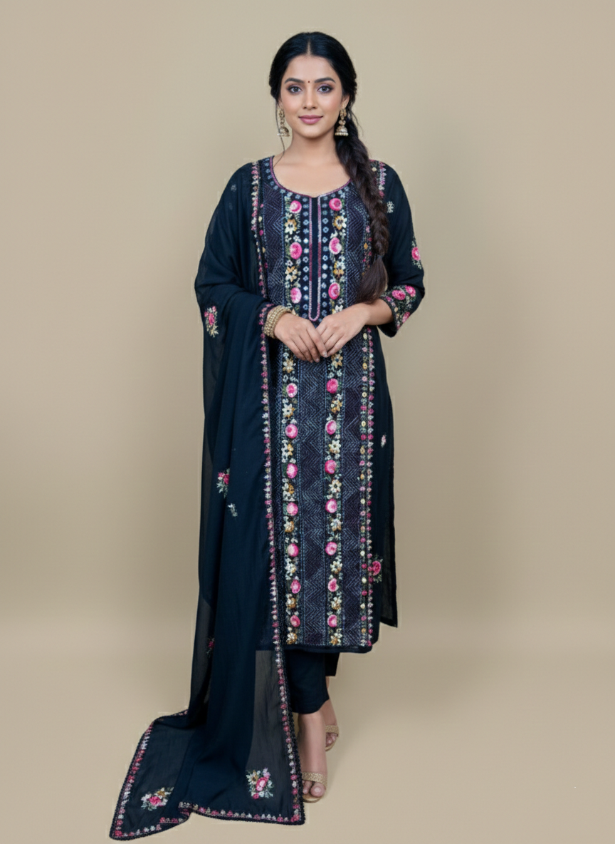Pure Mulmul Chanderi with Kantha Hand Embroidery Suit