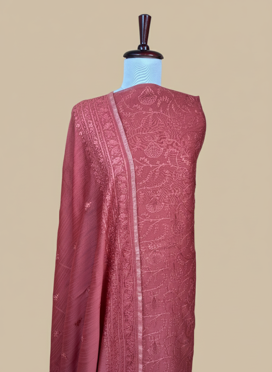 Rust Mulmul Chanderi Thread Jaal Embroidery Suit