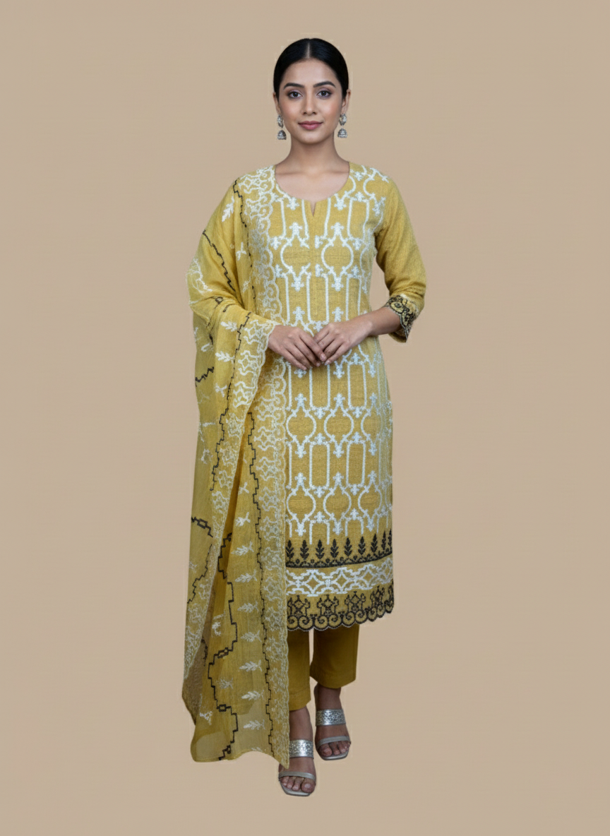 Yellow Mulmul chanderi Applique Embroidery Suit with Dupatta