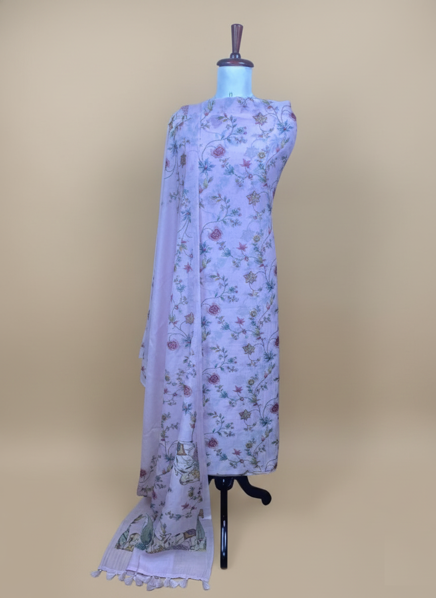 Pure Mulmul Chanderi Floral Printed Suit with Tassels