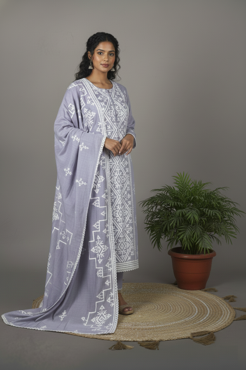 Pure Mulmul Chanderi Applique Embroidery Suit With Dupatta