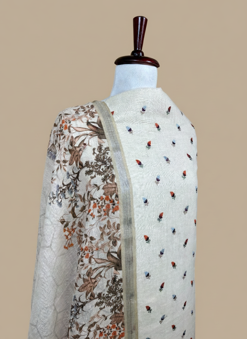 Cream Linen with  Embroidery and Floral Printed Dupatta