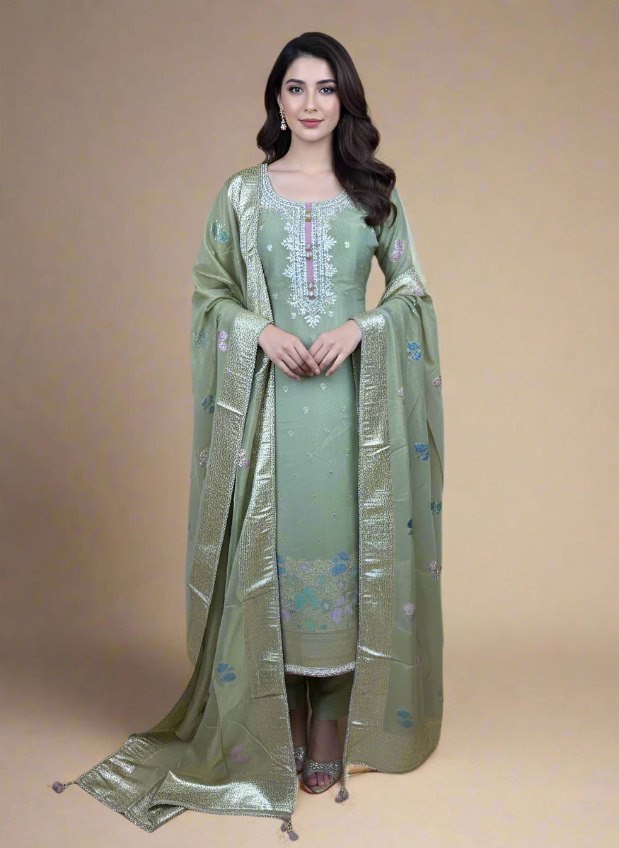 Subtle Sage Banarasi Silk Suit with Floral Brocade