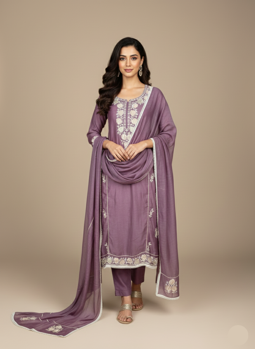 Mulmul Chanderi Suit with Kashmiri Embroidery