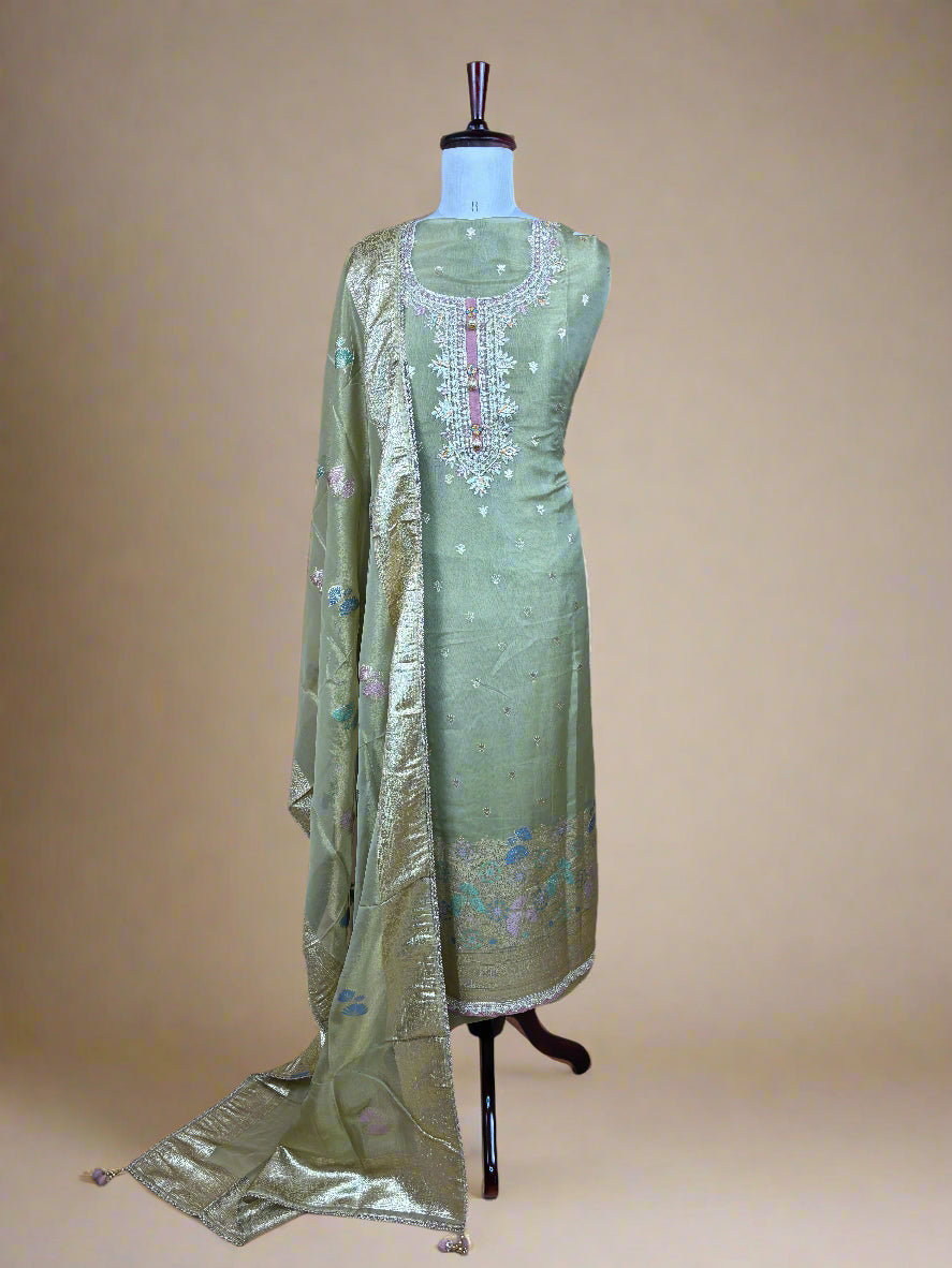 Subtle Sage Banarasi Silk Suit with Floral Brocade
