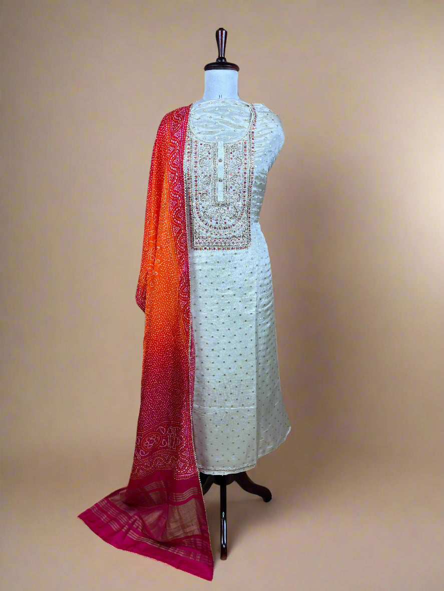 Ivory Silk Suit with Vibrant Bandhani Dupatta