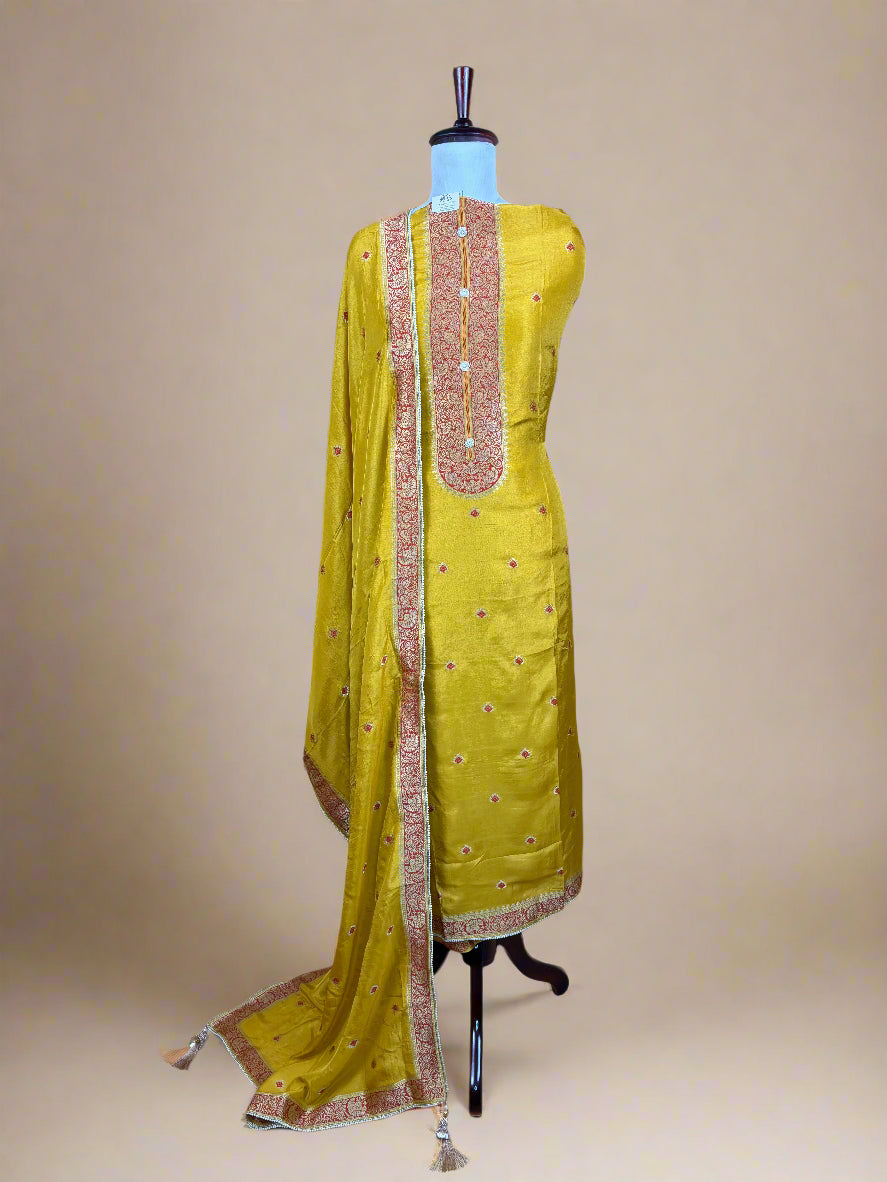 Mustard Yellow Zari-Woven Silk Suit with Floral Border