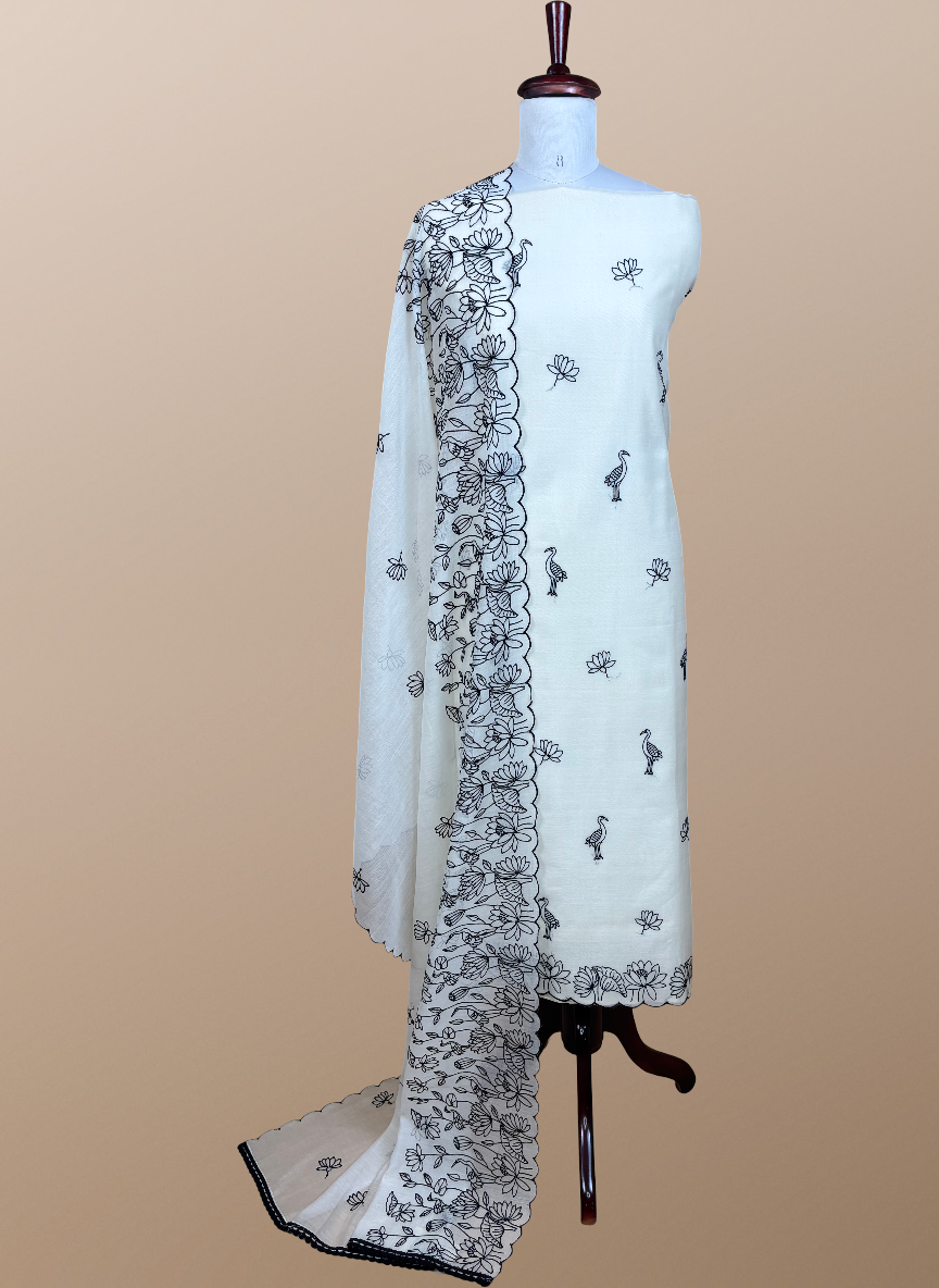 White Pure Mulmul Chanderi Hand Embroidery Suit