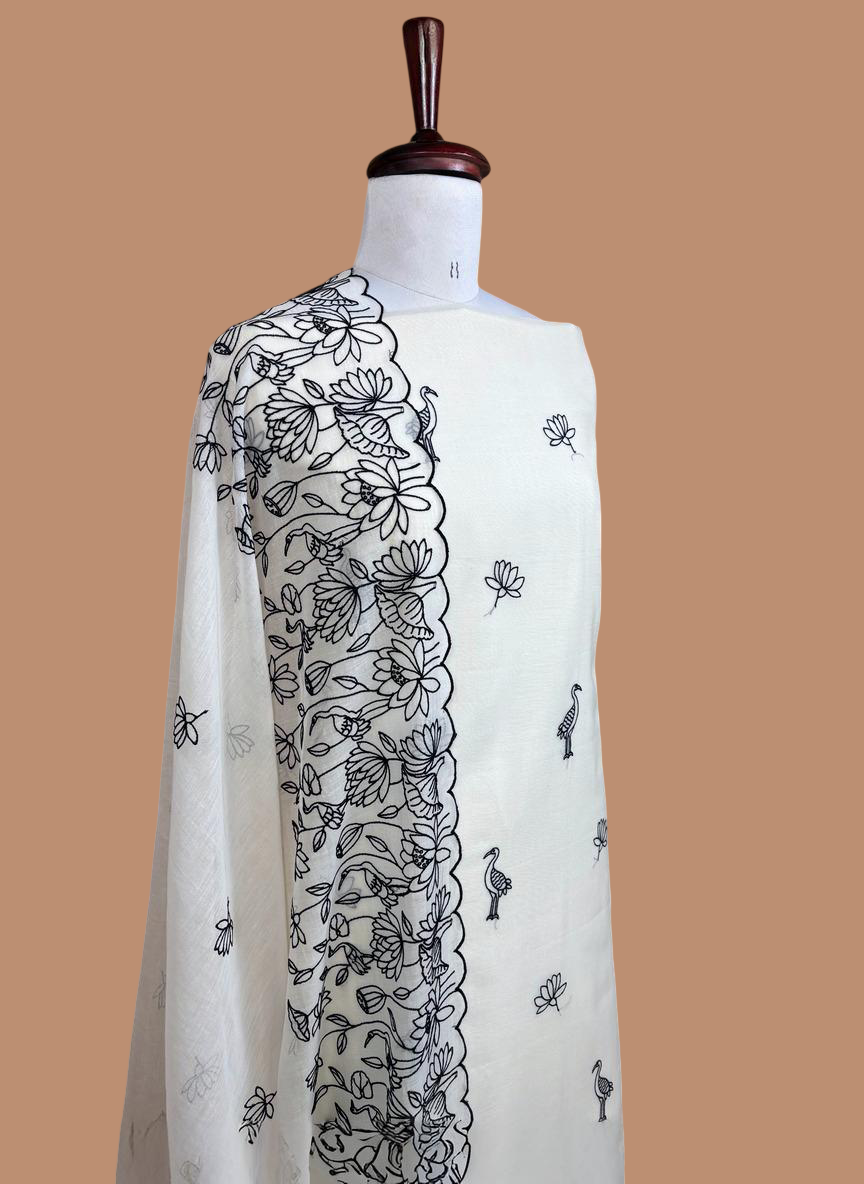White Pure Mulmul Chanderi Hand Embroidery Suit