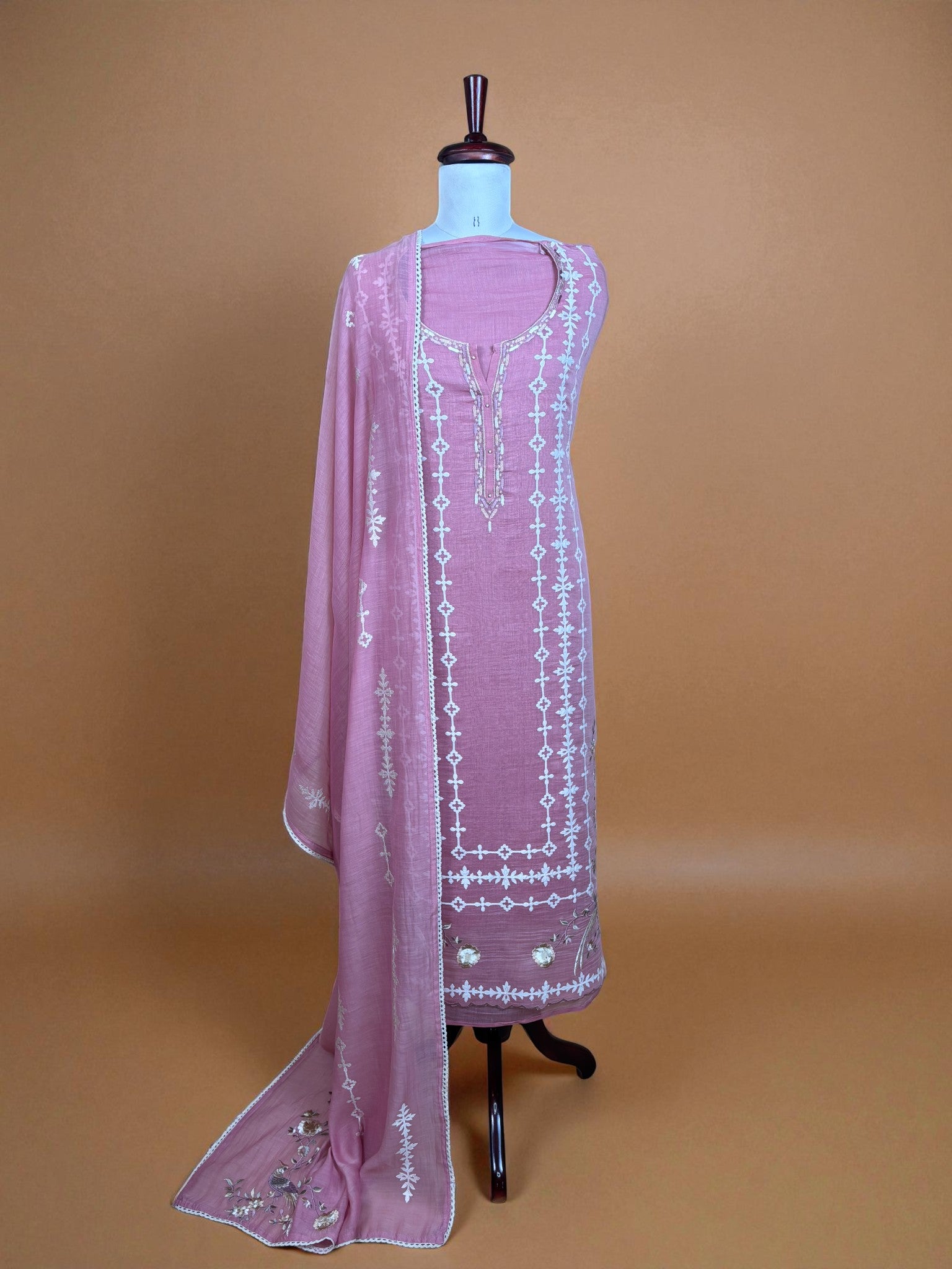 Pink Mulmul Chanderi Sequence Thread Embroidery Suit