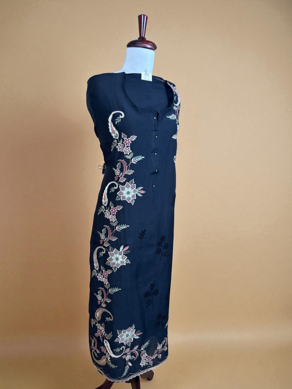 Black Mulmul Chanderi Applique Multicolour Thread Embroidery Suit