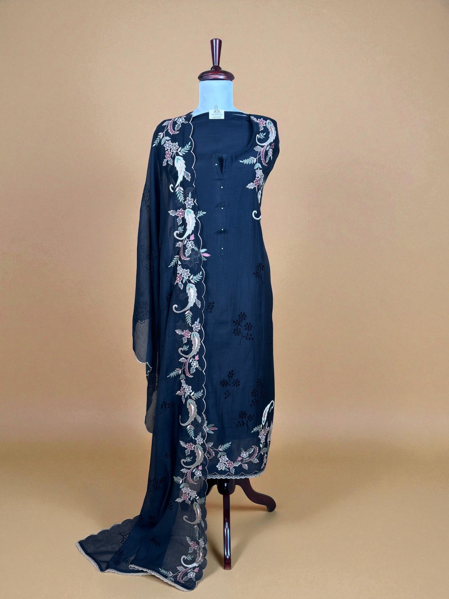 Black Mulmul Chanderi Applique Multicolour Thread Embroidery Suit