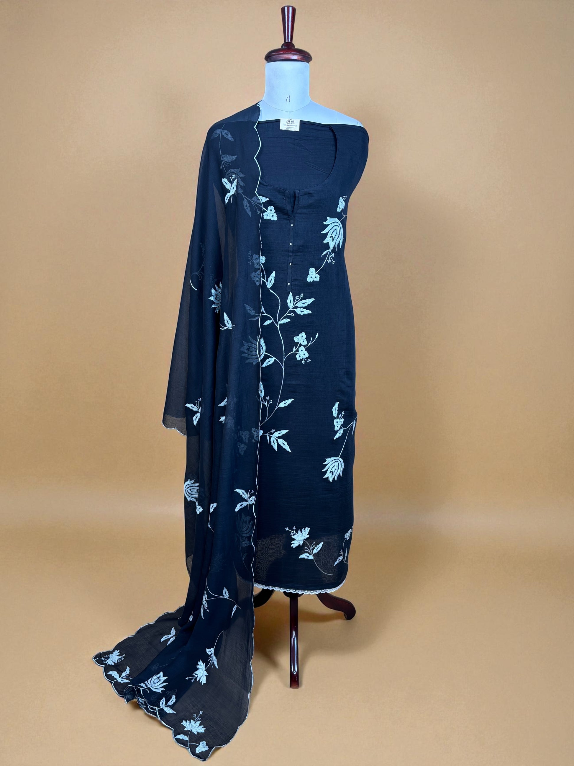 Mulmul Chanderi Suit with Appliqué Floral Embroidery Suit