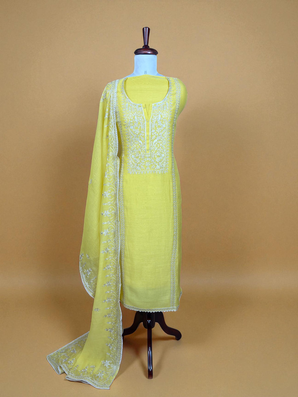 Yellow Mulmul Chanderi Sequence Dori Embroidery Suit